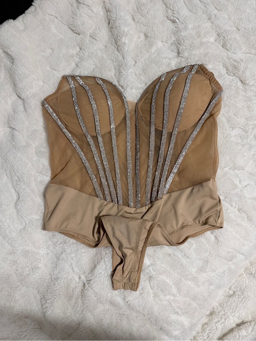 Structured Rhinestone Bustier Bodysuit in Nude
